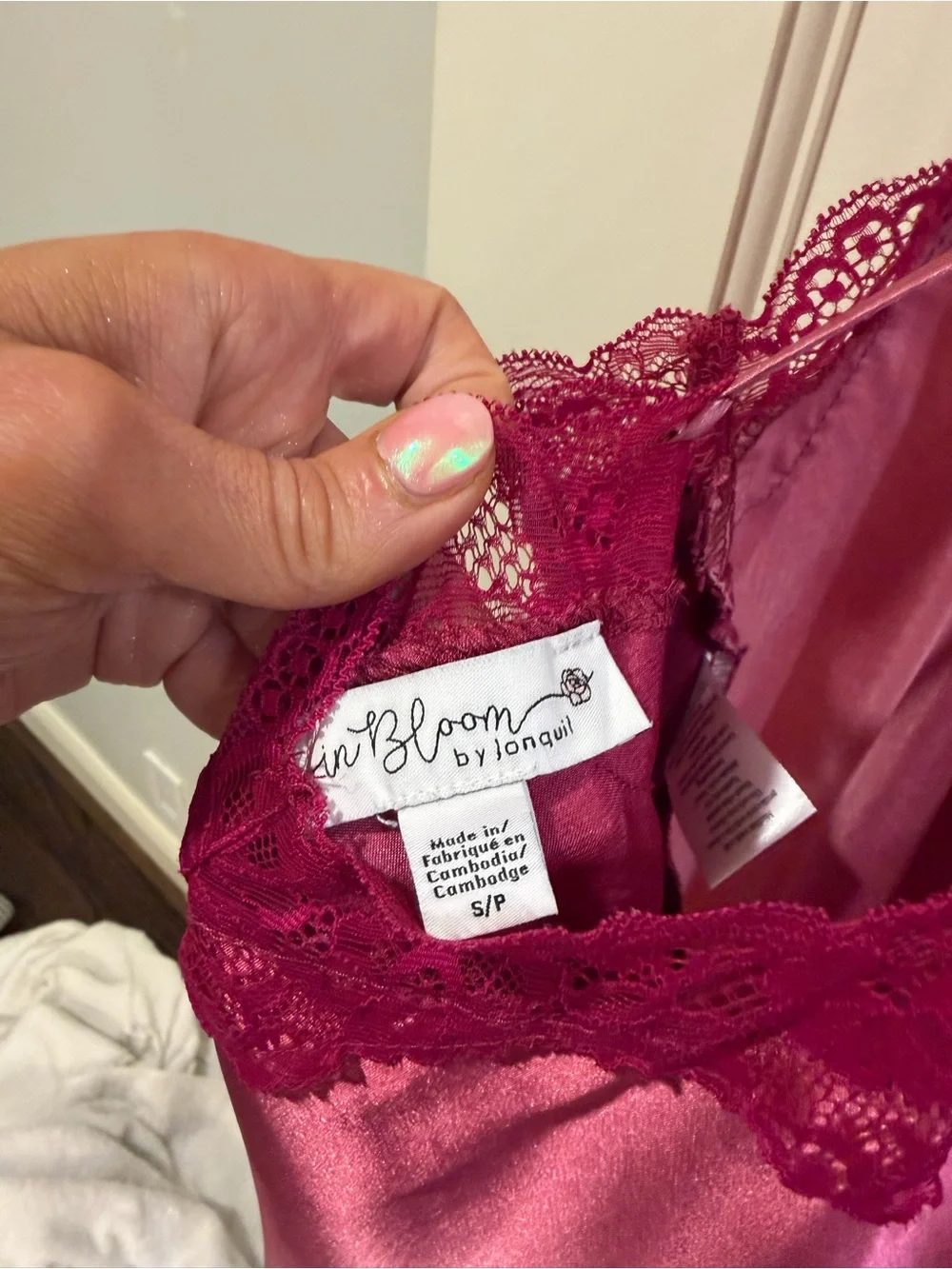 Lace-Trim Satin Slip Dress in Wine